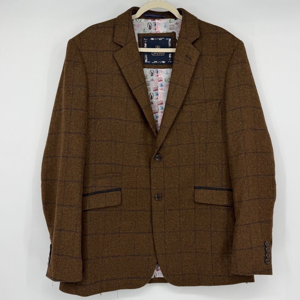 House of Cavani Blazer Men's 44R Brown Windowpane Tweed Wool Slim Fit